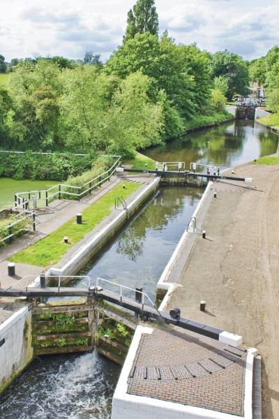 A view from above of a lock with other locks in the distance